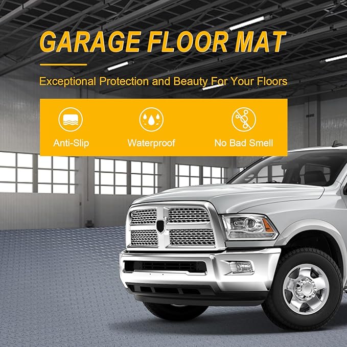 7.5x25 FT Garage Floor Mat, 2.8mm Thickened Flooring Roll Under Car Mat with 20Pcs Tapes, Diamond Plate, Non-Slip Floor Protector Mat for Trailer, Garage, Warehouse, Gyms, Trailer, Matte Gray