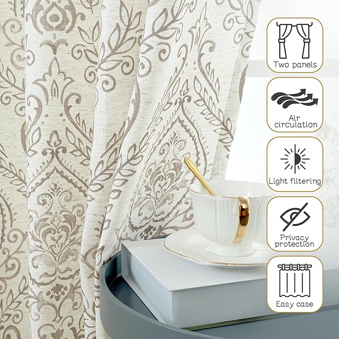 LAMIT Linen Curtains 48 inch Length for Small Windows, Light Filtering Semi Sheer Linen Curtains Grommet Vintage Damask Flower Pattern Drapes for Half Windows/Cafe, 2 Panels, 34 x 48 Inch, Taupe