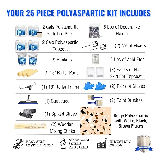 ArmorPoxy Polyaspartic Garage Floor Kit, 25Pc Fast Cure Epoxy Alternative, UV & Chemical Resistant, Low VOC, 2 Layer 1-Day Concrete Coating for DIY Garage, Driveway, Patio | 500 SQ Ft | Beige