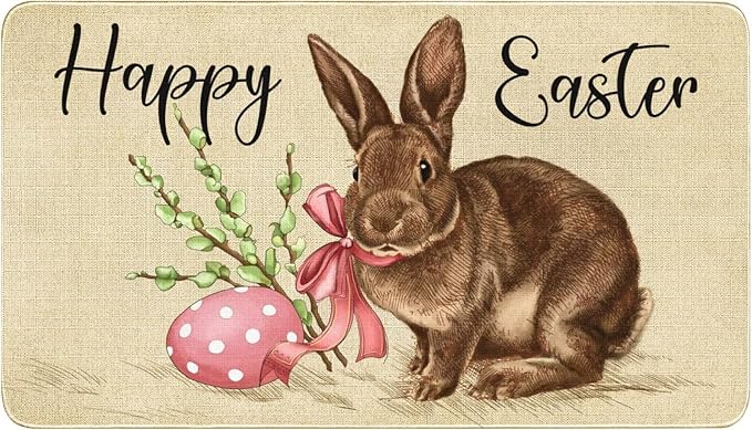 Happy Easter Bunny Doormat Gift for Holiday Housewarming Non-Slip Dust Floor Rug for Farmhouse Bath Room Front Hall Garden 16x24 inch