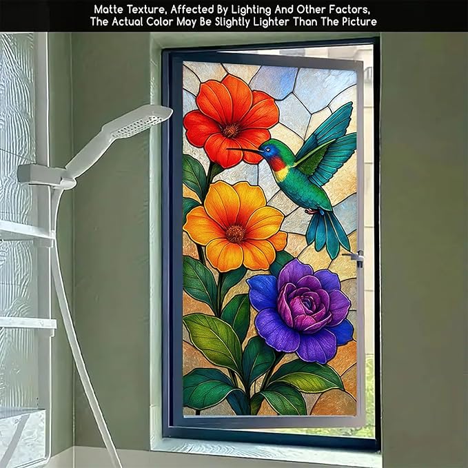 Colorful Bird Flower Privacy Film Stained Glass Style Static Cling No Glue Decorative Panel Light Filtering Cover for Kitchen Door Studio Entryway 17.7x39.3 inch