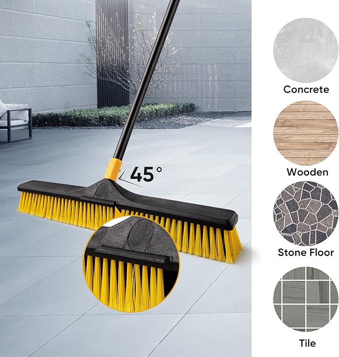 Yocada Push Broom Brush 24" Wide 65.3" Long Handle Stiff Bristles Heavy-Duty Outdoor Commercial for Cleaning Bathroom Kitchen Patio Garage Deck Concrete Wood Stone Tile Floor 3PCS