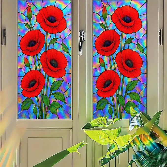 Red Poppy Window Film Iridescent Stained Glass Privacy Panel Static Cling No Glue Decorative Cover for Kitchen Studio Door Partition 17.7x39.3 inch