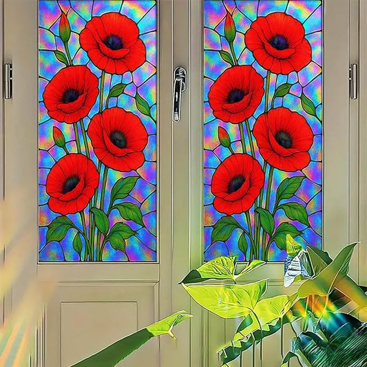 Red Poppy Window Film Iridescent Stained Glass Privacy Panel Static Cling No Glue Decorative Cover for Kitchen Studio Door Partition 17.7x39.3 inch
