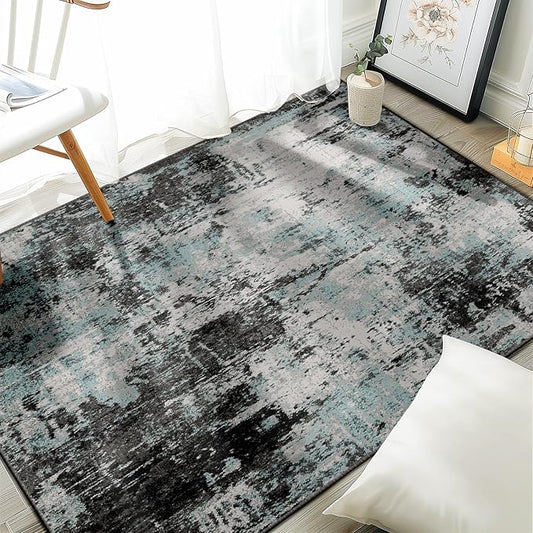 RELEANY Washable Area Rugs 4'x6' Non-Slip Modern Abstract Soft for Living Room Entryway Bedroom Nursery, Print Pattern, Blue Black Teal