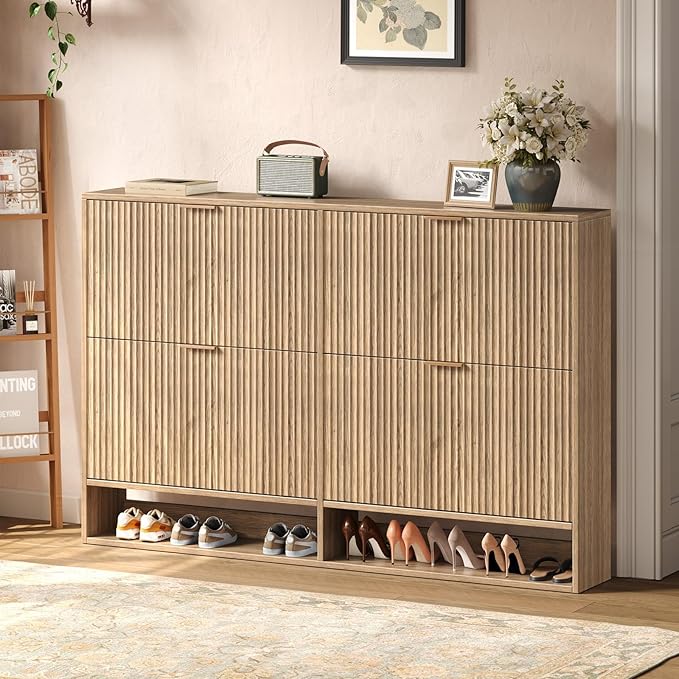 Hootata 47.2''W Oak Shoe Storage Cabinet for Entryway with 4 Flip Drawers, Narrow Wood Fluted Shoe Rack Cabinet,Freestanding Slim Shoe Organizer Cabinet for Foyer, Hallway