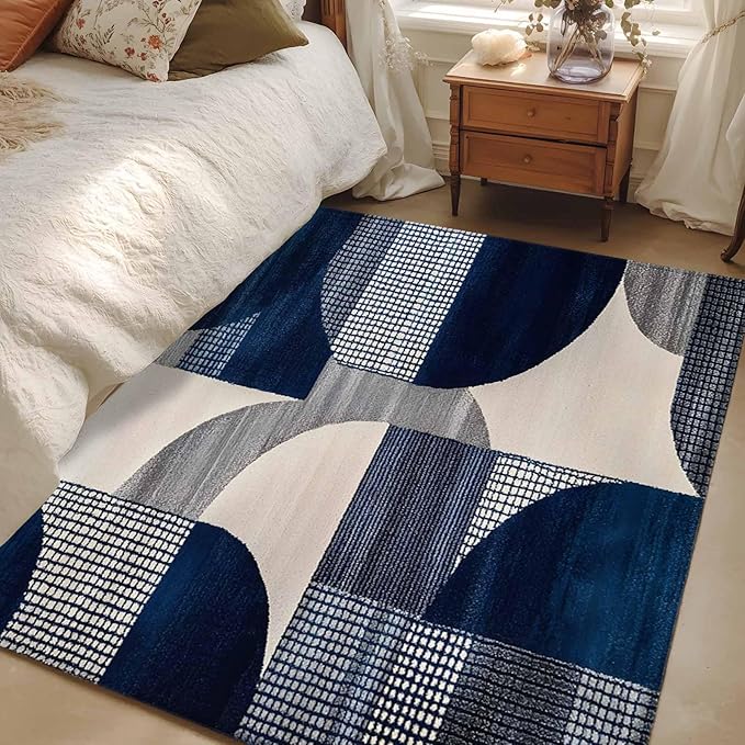 Modernism Area Rugs 2.7'x5', Blue White Geometric Abstract Design Washable Area Rugs Non-Slip Indoor Floor Mats Carpet for Living Room Bedroom Dining Room