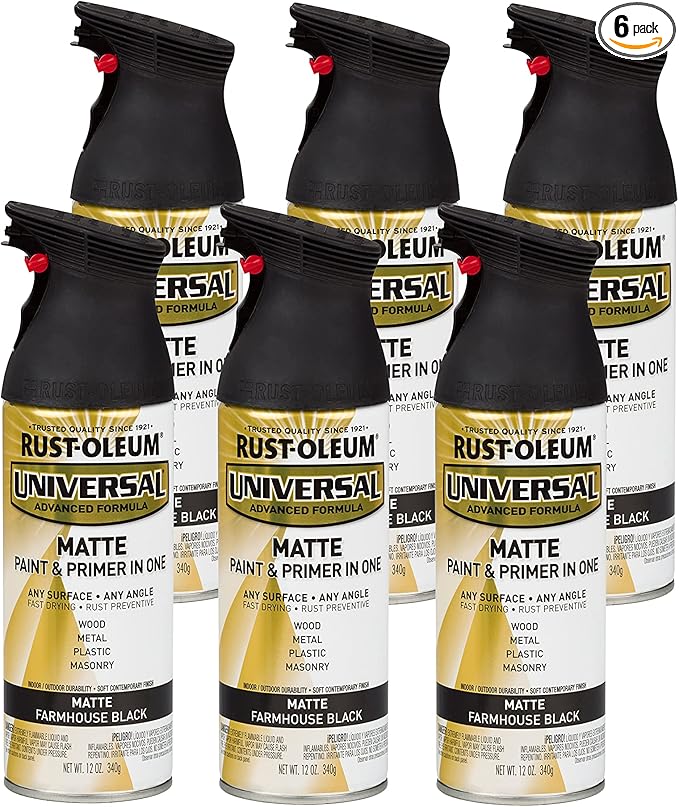 Rust-Oleum 330505-6PK Universal All Surface Spray Paint, 12 oz, Matte Farmhouse Black, 6 Pack