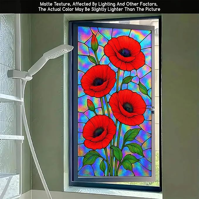 Red Poppy Window Film Iridescent Stained Glass Privacy Panel Static Cling No Glue Decorative Cover for Kitchen Studio Door Partition 17.7x39.3 inch
