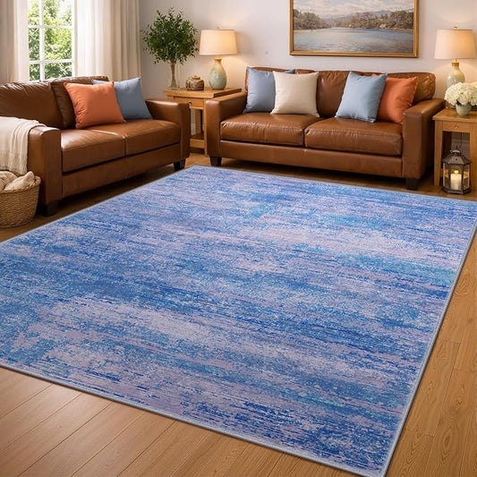 5x7 Abstract Area Rugs for Living Room, Modern Washable Indoor Rug for Bedroom, Thin Soft Large Non-Slip Carpet for Dining Room Home Office Farmhouse Decor - Abstract Blue Purple