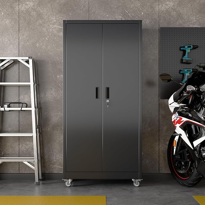 Reemoon Garage Storage Cabinet with Wheels, Metal Storage Cabinet with 5 Adjustable Shelves and Pegboard for Garage Home Utility Room,Required Assembly,Black，71" H×34" W×18" D