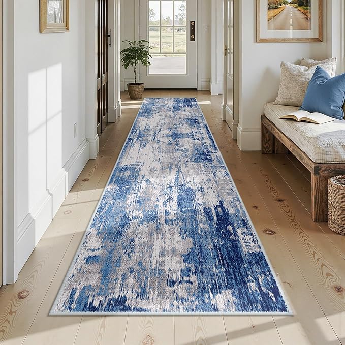RELEANY Washable Area Rugs 2'6'' x14 Non-Slip Modern Abstract Soft for Living Room Entryway Bedroom Nursery, Print Pattern, Blue Grey Navy Gray