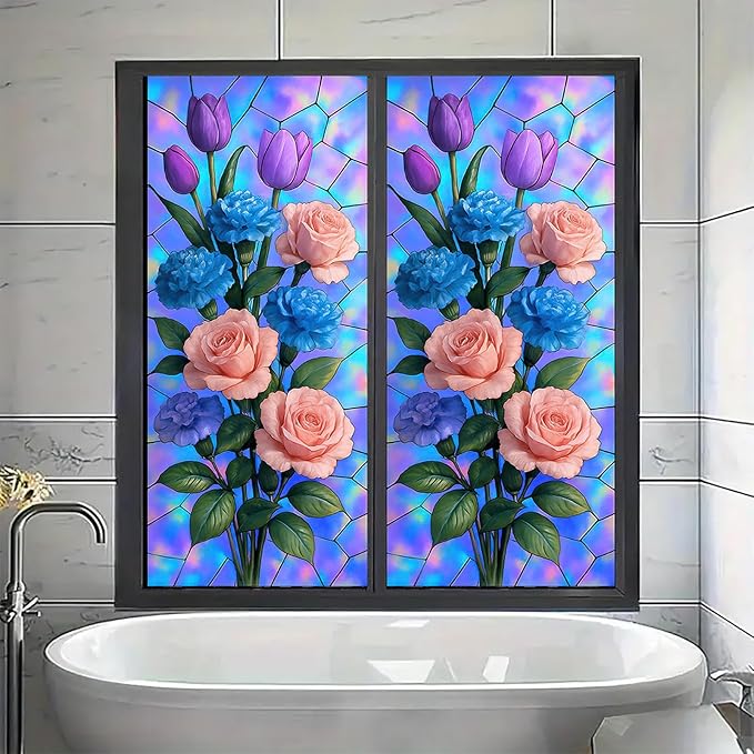 Rose Carnation Tulip Window Film Holographic Floral Privacy Panel Static Cling No Glue Decorative Cover for Door Vanity Kitchen Studio 17.7x39.3 inch