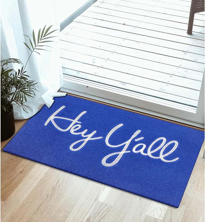 Mat Low Profile Floor Mat Front Doormat, Blue Hey Y'all Indoor Outdoor Heavy Duty Backing Door Mats Non Slip Absorbent Resist Dirt Entrance Doormats for Home Decor Entryway Patio 28" x 18"