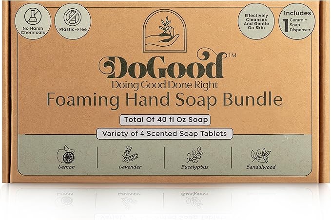 DoGood Foaming Hand Soap Starter Kit – Refillable 350 mL Ceramic Dispenser & 4 Scented Tablets – Eco-Friendly Zero-Waste Foam Soap (Lavender, Lemon, Eucalyptus, Sandalwood)