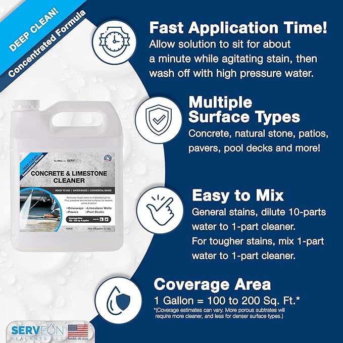 Serveon Sealants Concrete Cleaner (Concentrated Formula) Grout Stone Cleaner Water-Based Commercial Grade Outdoor Indoor Oil Stain Remover for Driveways Pavers Patios (1 Gallon) H2600