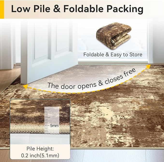 RELEANY Washable Area Rugs 4'x6' Non-Slip Modern Abstract Soft for Living Room Entryway Bedroom Nursery, Print Pattern, Brown Tan Beige Coffee