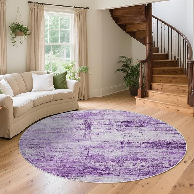 Round 8ft Abstract Rug, Modern Washable Indoor Circle Area Rugs for Living Room, Soft Large Circular Non-Slip Carpet Floor Mat for Bedroom Dining Room Home Office - Abstract Purple