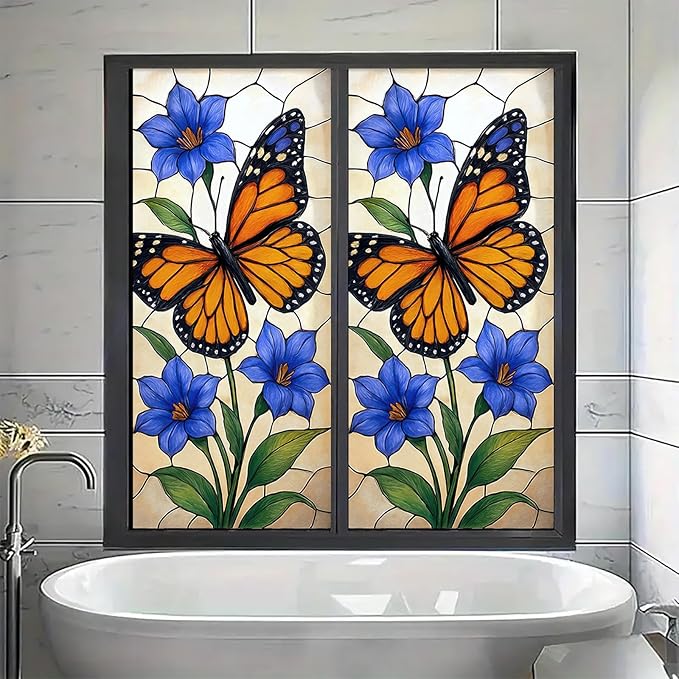 Butterfly Blue Flower Privacy Film Stained Glass Style Static Cling No Glue Decorative Panel Light Filtering for Door Window Kitchen 17.7x39.3 inch
