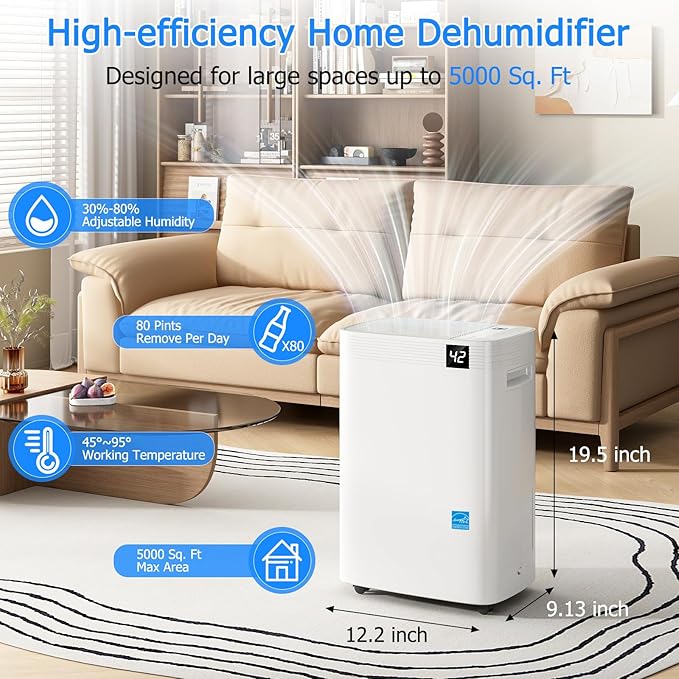 5,000 Sq.Ft 2026 Energy Star 80 Pint/Day Dehumidifier for Basement, Bedroom, Home, Bathroom, Smart Compressor Dehumidifier with Drain Hose, Intelligent Humidistat