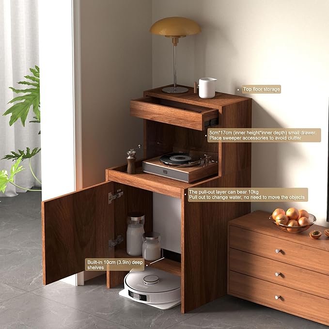 Robot Vacuum Stand Cabinet,Storage Cabinet with Doors and Drawers for Robot Vacuum Cleaner,Wood Bathroom Cabinet,Side Table for Living Room, Home Office(White,H65cm/25.6in)