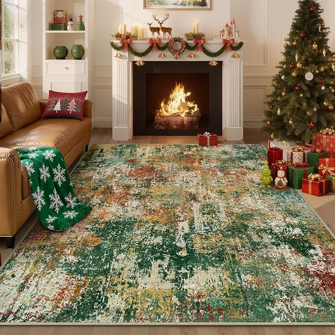 RELEANY Washable Area Rugs 6'x9' Non-Slip Modern Abstract Soft for Living Room Entryway Bedroom Nursery, Print Pattern, Green Orange Rust Red Cream Colorful