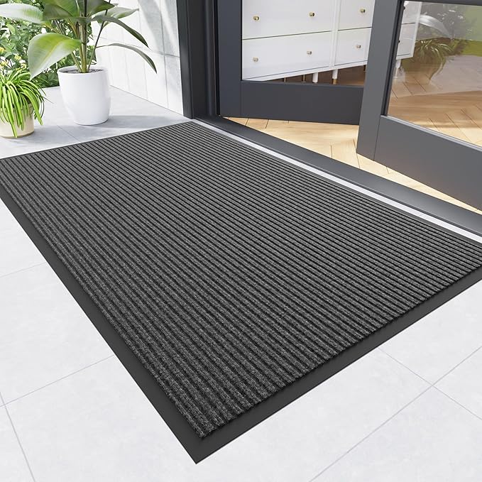 Front Door Mat, 4' x 8' Heavy Duty Indoor Outdoor Doomat, Commercial Industry Rugs with Rubber Backing, Non-Slip Low Profile Welcome Entry Mat for Patio, Home, Grey