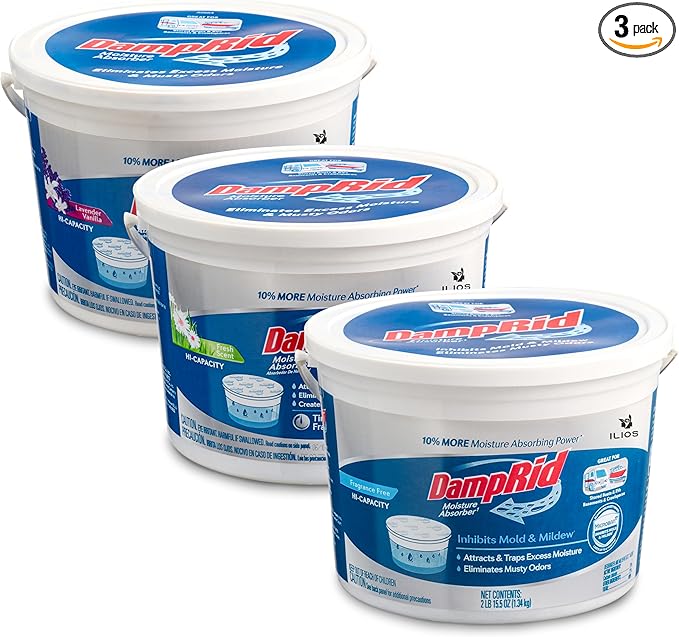 DampRid Hi-Capacity Moisture Absorber Damp Rid Bucket - 3 Pack (2 lb. each) Fragrance Free, Fresh Scent, Lavender Vanilla - Attracts & Traps Excess Moisture. Packed By ILIOS