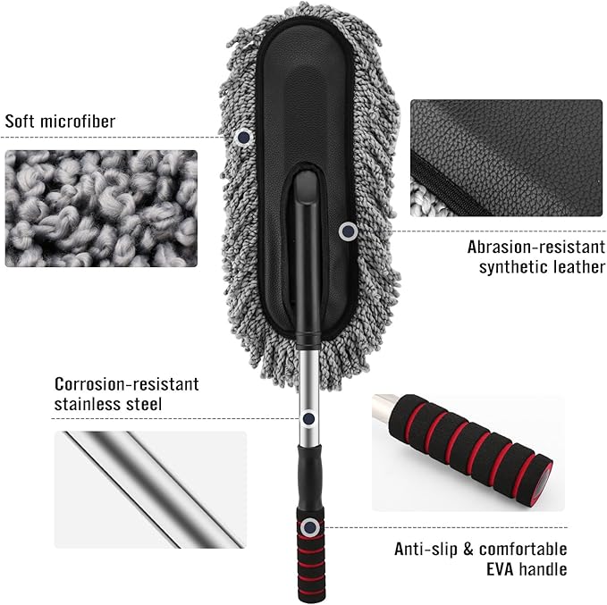 MoKo Car Duster, Multipurpose Car Wash Brush Exterior and Interior Microfiber Duster with Extendable Handle for Cleaning - Grey