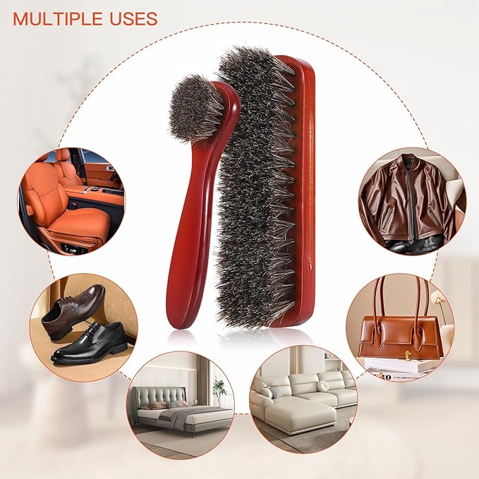 4Pcs Horsehair Shine Shoes Brush Kit, Horse Hair Brush for Leather, Cleaning Leather Shoes Boots Care Brushes with Microfiber Shoe Cloth, Horsehair Brush