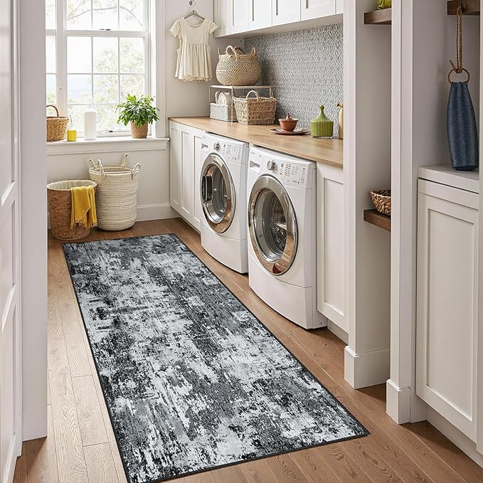 RELEANY Washable Area Rugs 2'x10' Non-Slip Modern Abstract Soft for Living Room Entryway Bedroom Nursery, Print Pattern, Black Navy Blue Gray