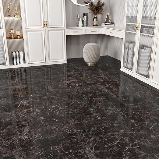 Wallercity Light Black Peel and Stick Floor Tile Bathroom Marble Tiles Removable Stick on Floor Tiles 12''x12'' Self Adhesive Waterproof Vinyl Flooring for Bedroom Kitchen Living Room Basement 6PCS