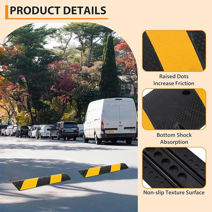 2 Pack 6 Ft Rubber Speed Bump,Heavy Duty Speed Bumps for Driveway,Dual-Channel Cable Protector,25,000 Lbs Capacity, Anti-Slip Surface Texture,Ready-to-Install Kit for Garage, Roads, Driveway