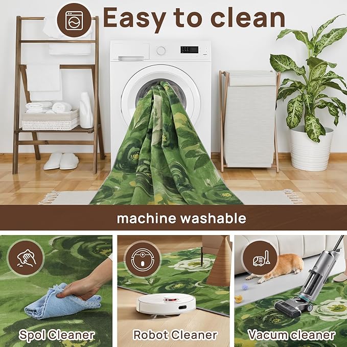 8x10 Camellia Floral Rugs, Modern Washable Flower Pattern Area Rug for Bedroom, Soft Large Non-Slip Kitchen Carpet Floor Door Mat for Living Room Dining Room Office - Green