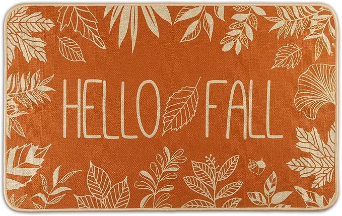 Hello Fall Door Welcome Mat, Autumn Thanksgiving Orange Outdoor Rug Leaves Decor Floor Non-Slip Entrance Mat for Home Kitchen Bathroom 17 X 29 Inch