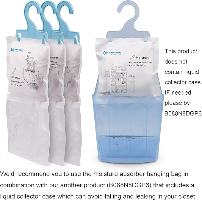 Wisesorb Moisture Absorber Refill Hanging Bags, 12 Pack (200g Each) – Calcium Chloride Dehumidifier Bags with 6 Reusable Hooks, Closet & Bathroom Dehumidifier Bags