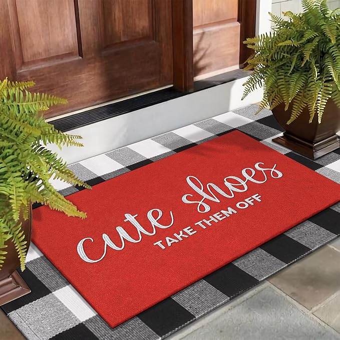 Outdoor Welcome Mats Front Door Outside Mat for Home Entry Cute Shoes Take Them Off Entryway Doormats Non Slip Low Profile Small Rugs for Bedroom Living Room Dark Red