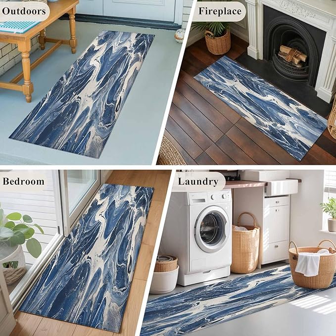 Impressionist Style Runner Rug 2'x6', White Blue Blurred Wash Hallway Runner Rugs Washable Non-Slip Bedside Floor Mats Carpet for Kitchen Bedroom Laundry Room Bathroom