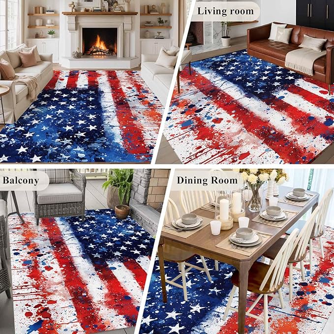 Mottled Red Blue White Stars Painted Flag 8'x10' Large Area Rugs, Washable Area Rugs Non-Slip Indoor Floor Mats Large Carpet for Living Room Bedroom Dining Room