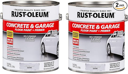 Rust-Oleum 225359-2PK Concrete & Garage Floor Paint and Primer, Gallon, Satin Armor Gray, 2 Pack