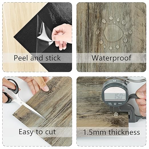 Wallercity Grey/Brown Peel and Stick Wood Floor Tile Waterproof Textured Wood Flooring Tiles 12" x 12" Self Adhesive Laminate Vinyl Sheet Flooring for Bedroom Bathroom RV Stick on Floor Tiles 16PCS