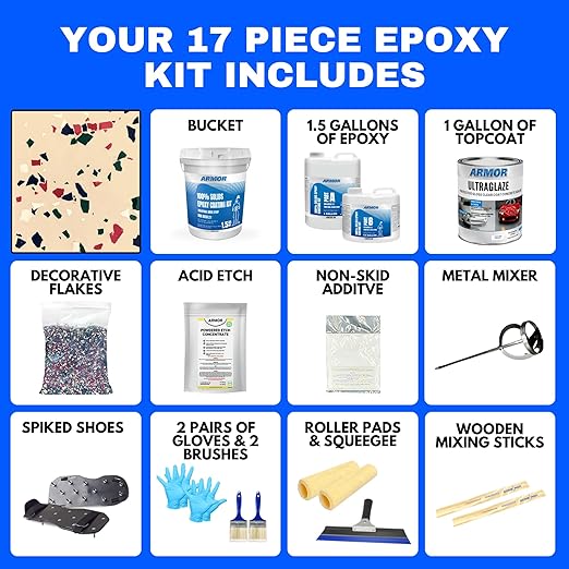 ArmorPoxy Garage Epoxy Floor Kit – 100% Solids - 2 Part Industrial-Grade Coating w/UltraGlaze Topcoat | DIY Slip & Hot Tire Resistant | 300 Sq Ft - Desert Tan - 17 pc kit