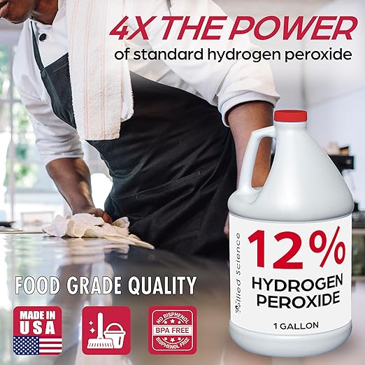 Allied Science 12% Food Grade Hydrogen Peroxide, 4X Stronger, Dilute and Use for Personal Care, Home, Kitchen, Bath, Carpet, Water Cleaner, Plant Treatment, 1 Gallon (3)