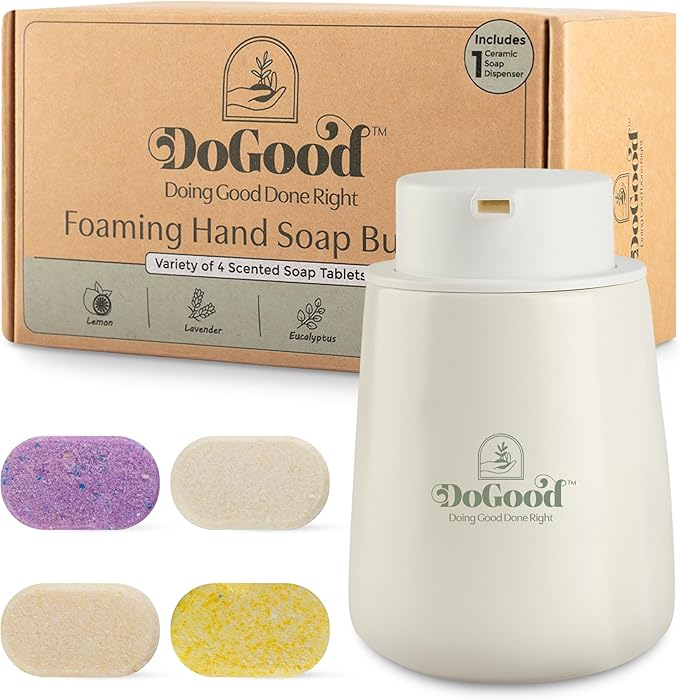 DoGood Foaming Hand Soap Starter Kit – Refillable 350 mL Ceramic Dispenser & 4 Scented Tablets – Eco-Friendly Zero-Waste Foam Soap (Lavender, Lemon, Eucalyptus, Sandalwood)