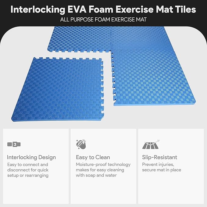 BalanceFrom Puzzle Exercise Mat 1' Thick, EVA Interlocking Foam Floor Tiles for Home Gym, Mat for Home Workout Equipment, Floor Padding for Kids, Blue, 24 in x 24 in x 1 in, 24 Sq Ft - 6 Tiles