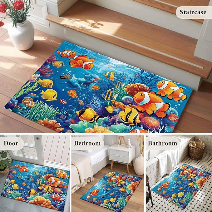 Ocean Marine Entryway Rug 2'x3', Life Fish Coral Seagrass Underwater Coastal Small Area Rug Non-Slip Front Door Mat Washable Floor Carpet for Indoor Entrance Kitchen Bathroom