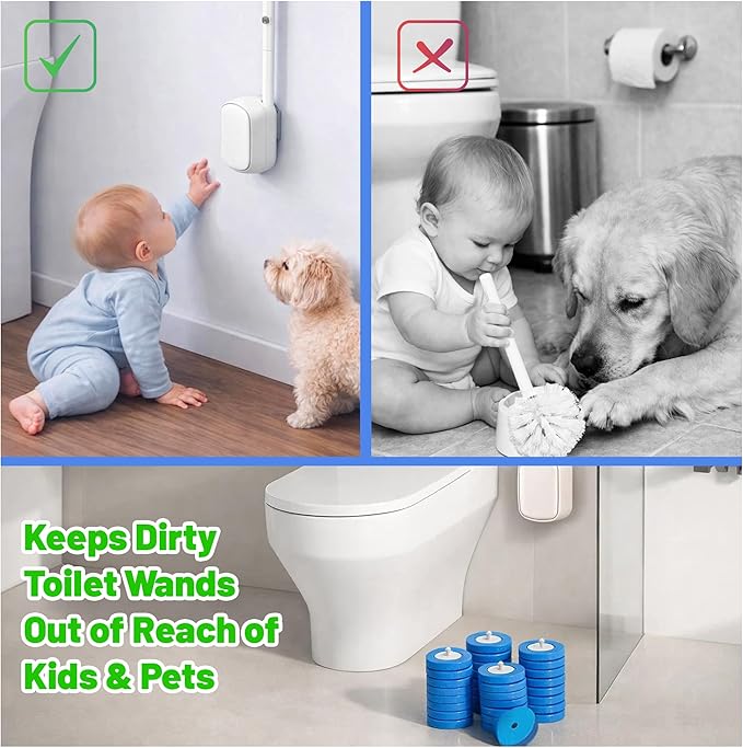 CiLoN Wall-Mounted Disposable Toilet Brush, Bowl Wand, Disposal Scrubbing Sponge Pads Caddy & 30 Fresh Bleach Sponge Heads. Space Saving Disposable Toilet Brush Cleaning Set. (Starter Kit + 30 Brush)