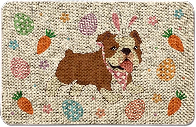 Easter Door Mat Outdoor English Bulldog Welcome Doormats Easter Dog Decorative Entrance Rug Farmhouse Home Kitchen Floor Front Door Mat 18x30 inch