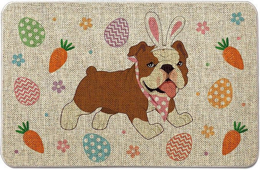 Easter Door Mat Outdoor English Bulldog Welcome Doormats Easter Dog Decorative Entrance Rug Farmhouse Home Kitchen Floor Front Door Mat 18x30 inch