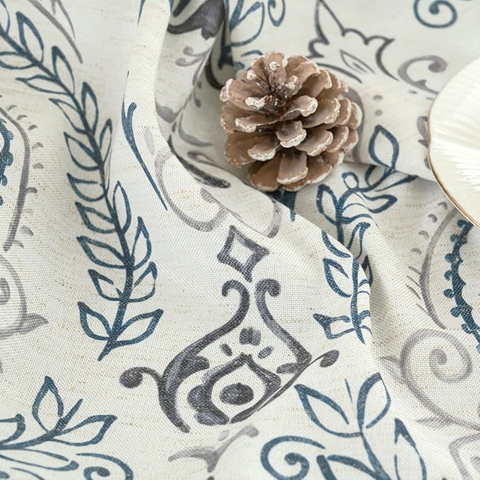 LAMIT 48 inch Length Linen Curtains for Small Windows, Light Filtering Semi Sheer Linen Curtains Grommet Vintage Damask Flower Pattern Drapes for Kitchen/Cafe, 2 Panels, 34 x 48 Inch, Greyish Blue